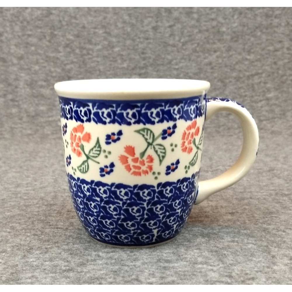 Polish Pottery Boleslawiec Coffee‎ Mug 12oz Blue Floral Orange Carnation NWOT